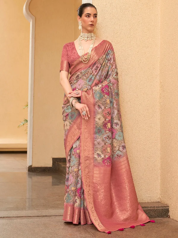 Women's Tussar Silk Blue Digital Print Designer Saree With Blouse Piece Versatile Layering Blouse