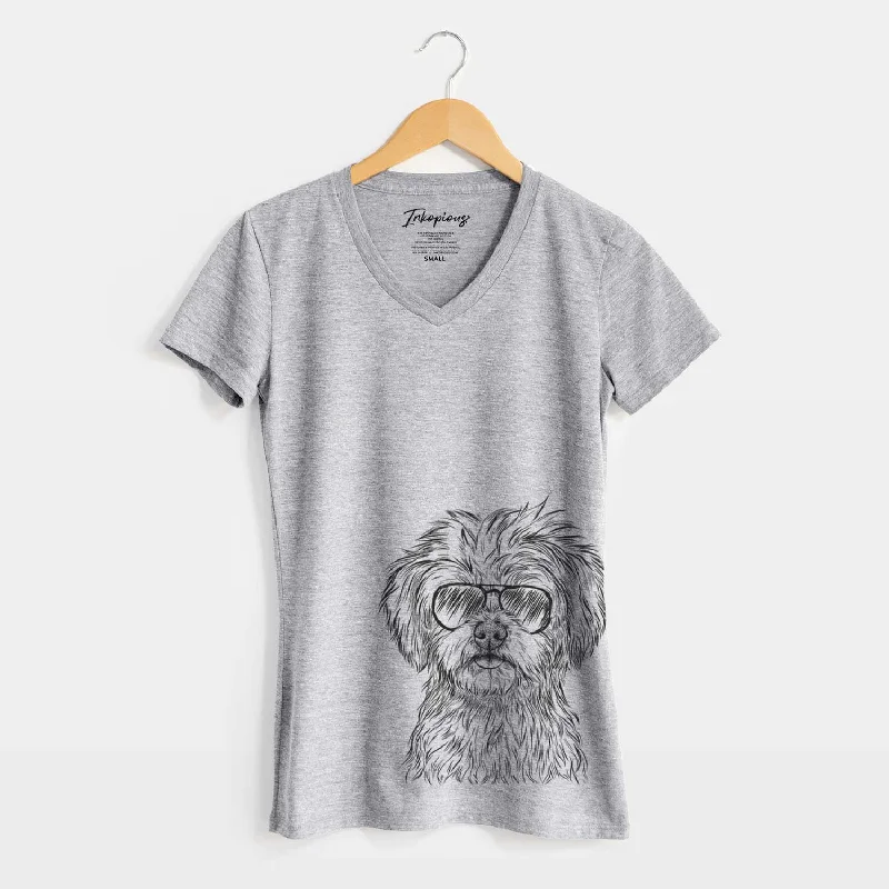 Aviator Sammy the Shorkie - Women's V-neck Shirt-- Front Pockets Side Pockets Patch Pockets