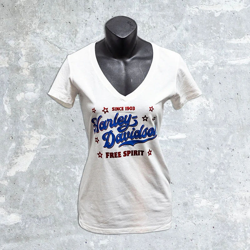 West Bend Harley Davidson-Women's White V-Neck Script T-Shirt-- Rayon Fabric Velvet Fabric Corduroy Fabric