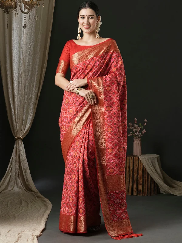 Women's Silk Blend Red Woven Design Designer Saree With Blouse Piece Sheer Mesh Blouse