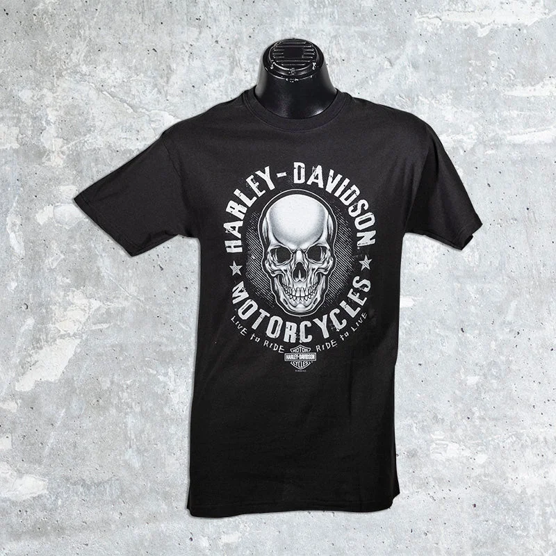 Woodstock Harley Davidson- Black T-Shirt with Surrounded Skull-- Hooded Caped Shawl Collar
