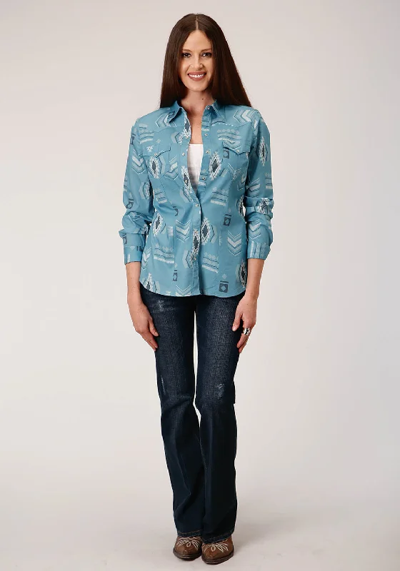 Roper Womens Blue 100% Cotton Aztec Mash Up L/S Shirt-- Hooded Caped Shawl Collar