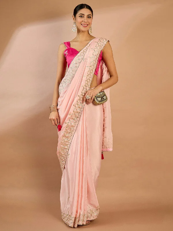 Women's Crepe Pink Embellished Designer Saree With Blouse Piece Slim Fit Blouse