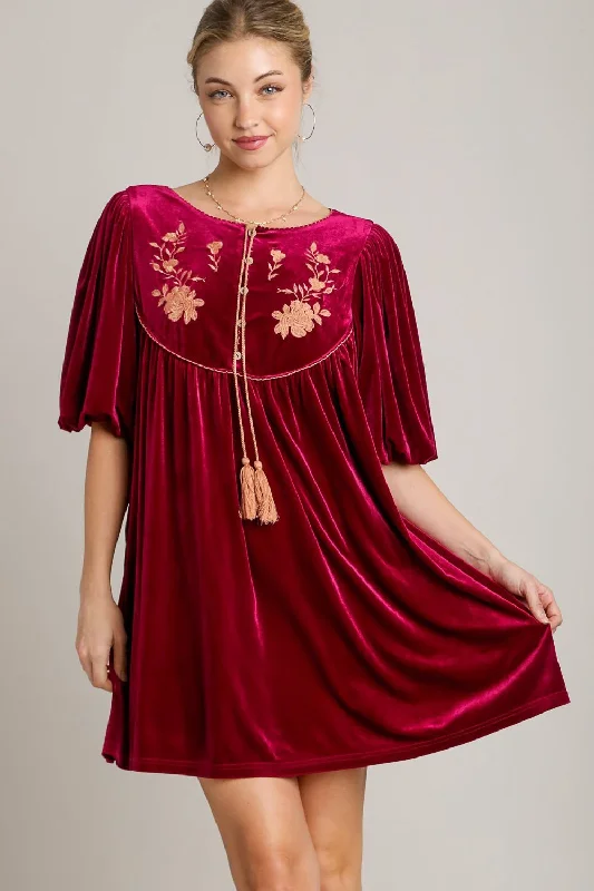 Embroidered Half Sleeve Velvet Mini Dress with Tassel Chic Bohemian Mini Dress