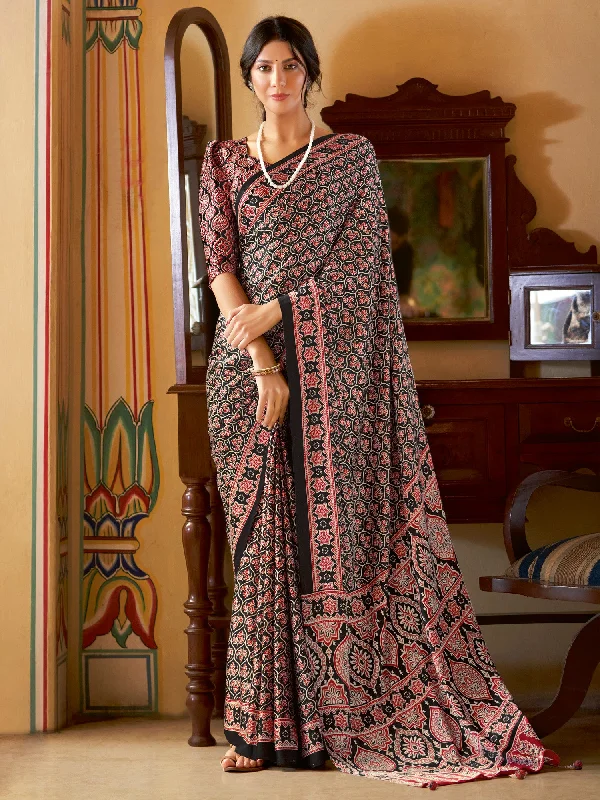 Women's Crepe Black Printed Designer Saree With Blouse Piece Feminine Puff Blouse