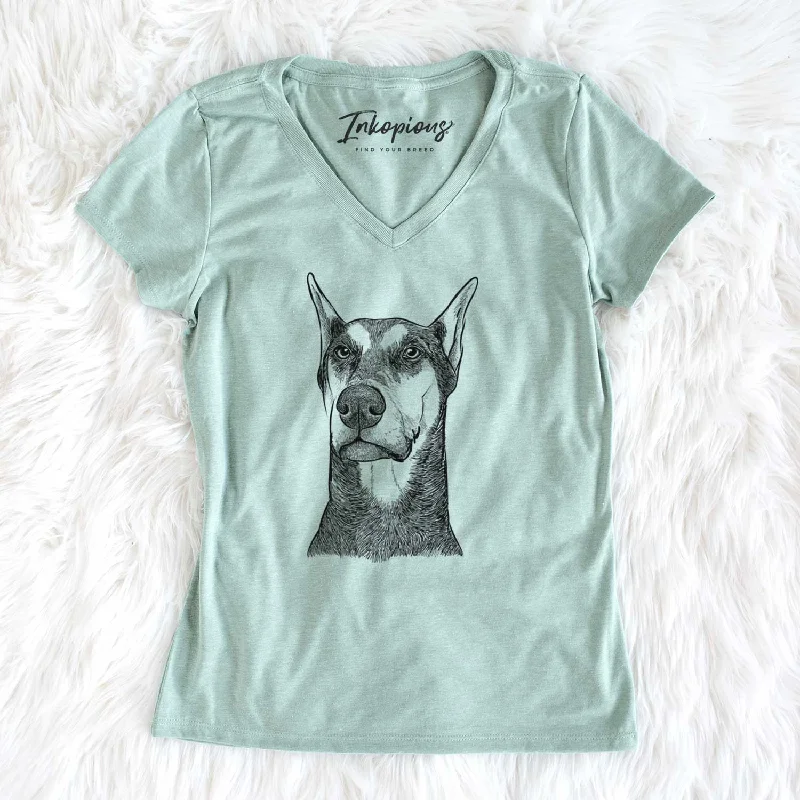 Bare Zeus the Doberman Pinscher - Women's V-neck Shirt-- Ribbed Striped Patterned