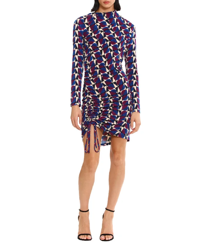 Shirred Long Sleeve Mini Dress With Self Ties Cream/True Blue Cozy Sweater Mini Dress