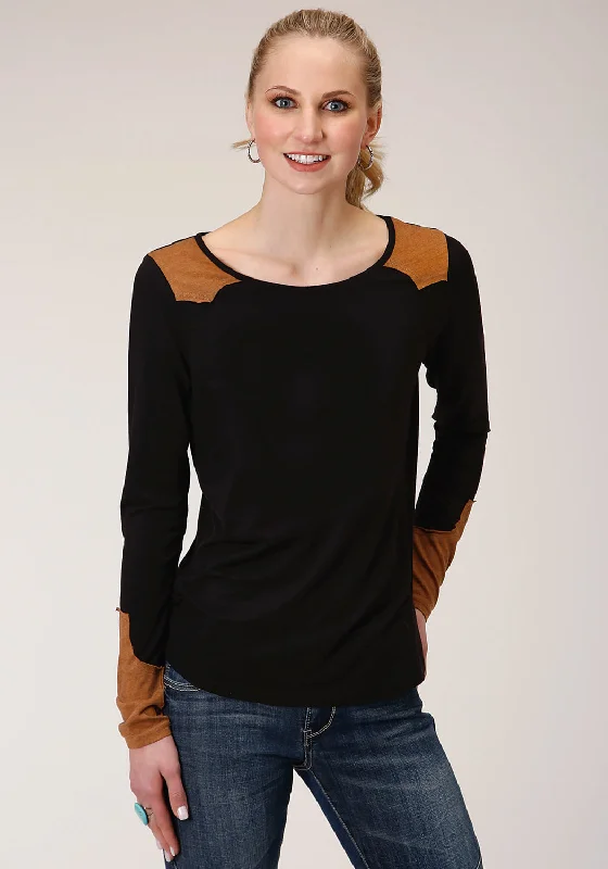 Roper Womens Black/Tan Poly/Rayon Western Scoop Neck L/S T-Shirt-- Ribbed T-Shirt High Neck Heavyweight