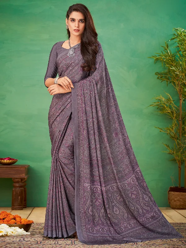 Women's Crepe Mauve Printed Designer Saree With Blouse Piece Lightweight Tunic Blouse