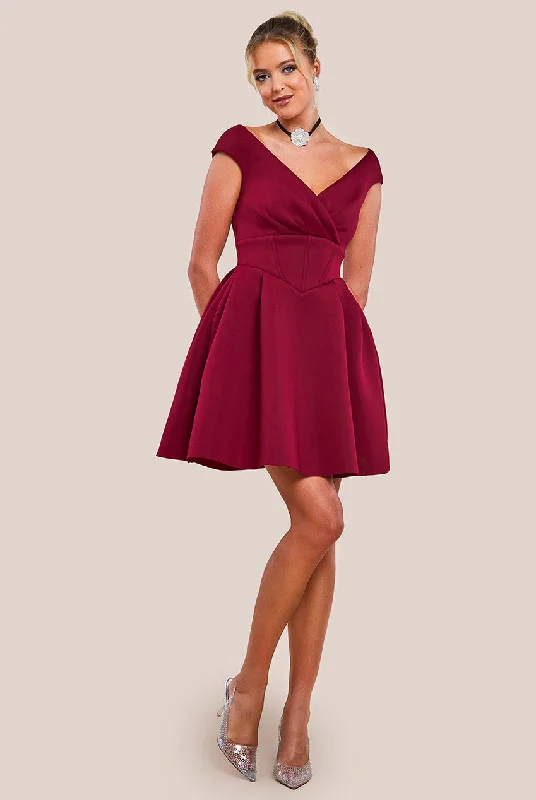 Goddiva Corset Fit & Flare Mini Dress - Wine Comfortable One-Shoulder Mini Dress
