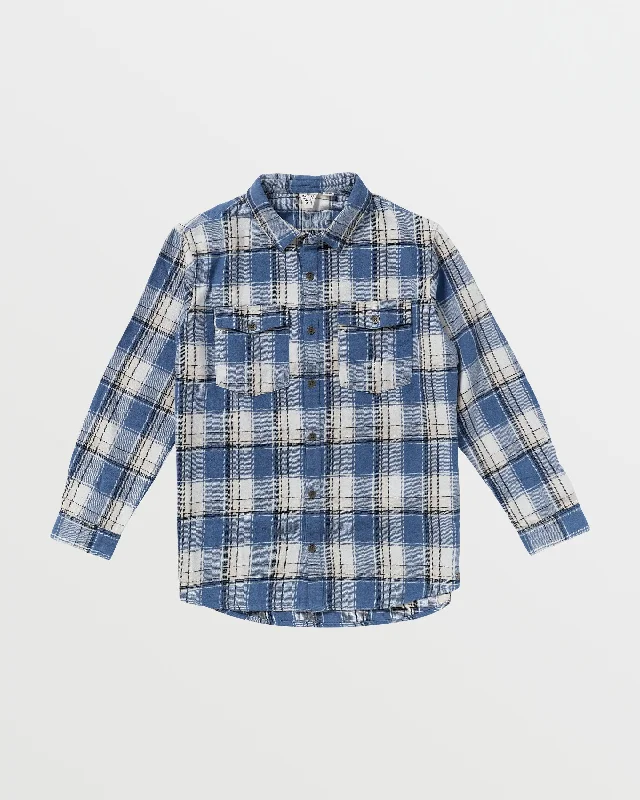 Let It Go Long Sleeve Flannel Shirt - Bijou Blue Forrest Plaid-- Fashionable Trendy Casual
