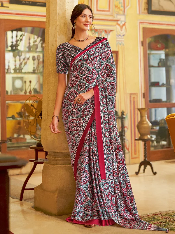 Women's Crepe Grey Printed Designer Saree With Blouse Piece Polished Work Blouse