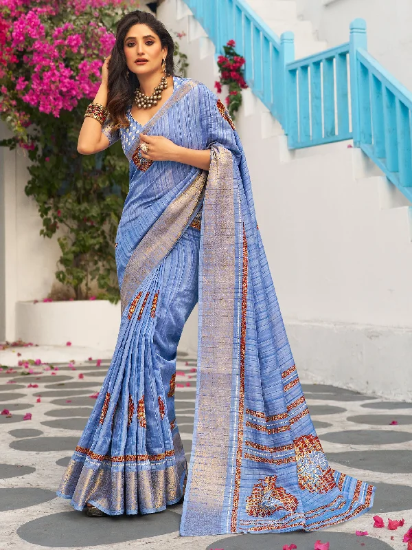 Women's Muga Silk Blue Printed Designer Saree With Blouse Piece Feminine Satin Blouse