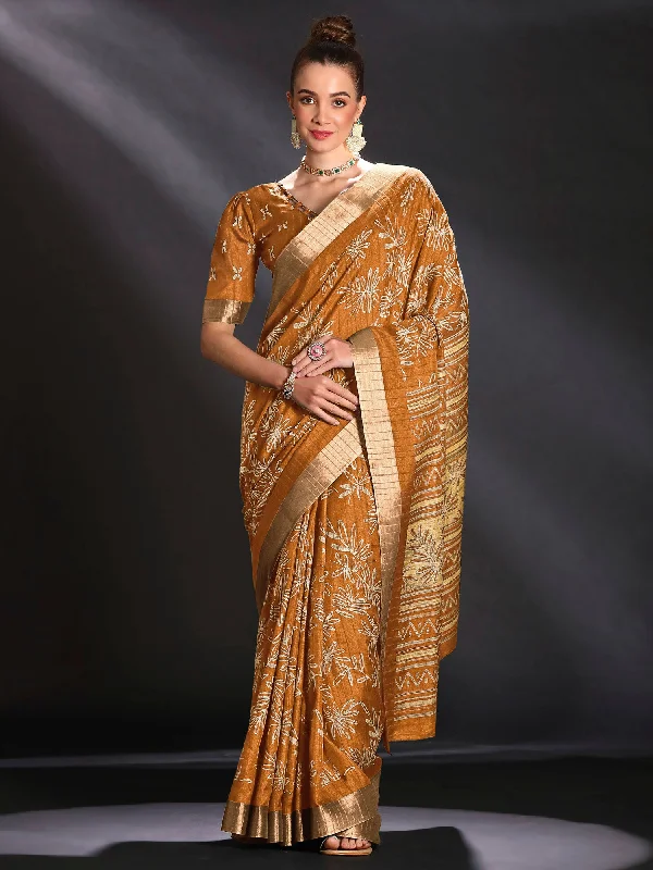 Women's Silk Blend Mustard Printed Designer Saree With Blouse Piece Elegant Semi-Sheer Blouse