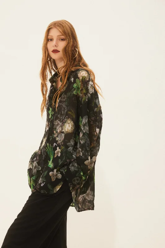 HEATHER SHIRT BLACK-- Striped Floral Plaid