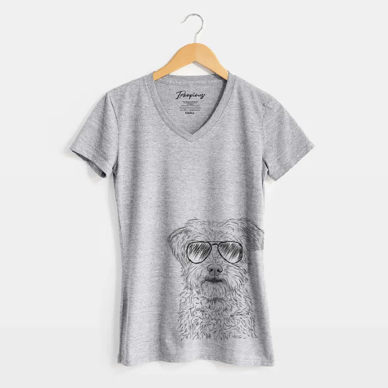 Aviator Rudy the Schnoodle - Women's V-neck Shirt-- Striped Floral Plaid