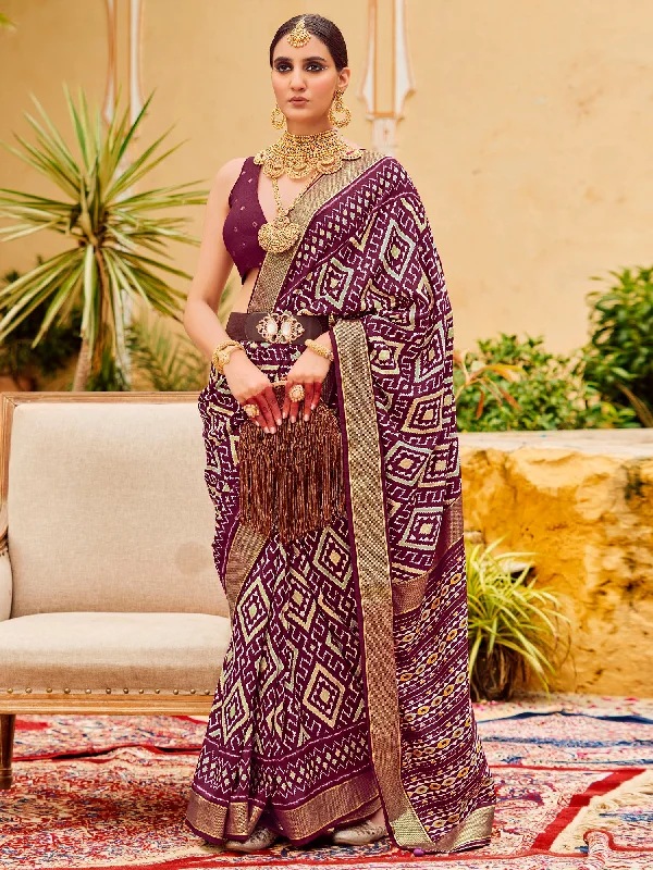 Women's Tussar Silk Purple Printed Designer Saree With Blouse Piece Balloon Sleeve Blouse