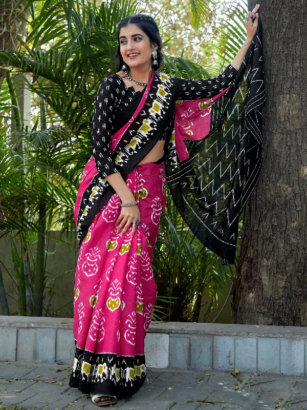 Women's Cotton Pink Printed Designer Saree With Blouse Piece Chic Square Blouse
