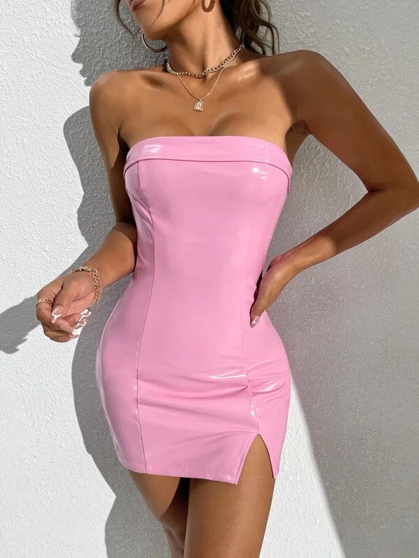 Sexy Pink Faux Patent Leather Bodycon Mini Dress Stylish Ribbed Mini Dress