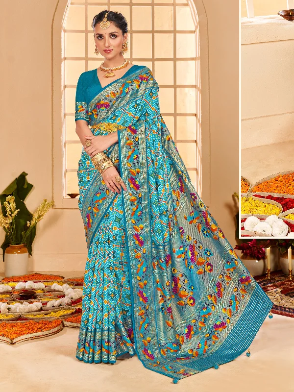 Women's Tussar Silk Light Blue Printed Designer Saree With Blouse Piece Side Tie Blouse