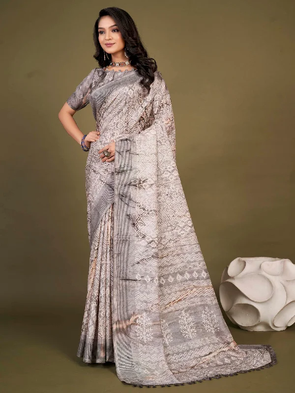 Women's Manipuri Silk Grey Printed Designer Saree With Blouse Piece Backless Summer Blouse