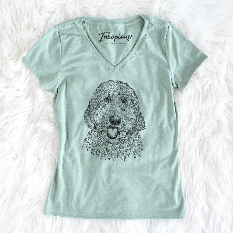 Bare Whisper the Goldendoodle - Women's V-neck Shirt-- Hooded Caped Shawl Collar