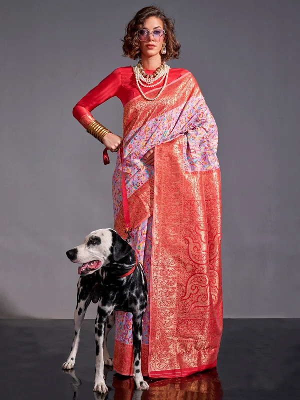 Women's Silk Blend Lavender Woven Design Designer Saree With Blouse Piece Mandarin Collar Blouse