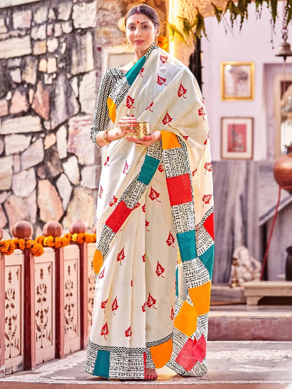 Women's Bhagalpuri Silk Cream Printed Designer Saree With Blouse Piece Casual Relaxed Blouse