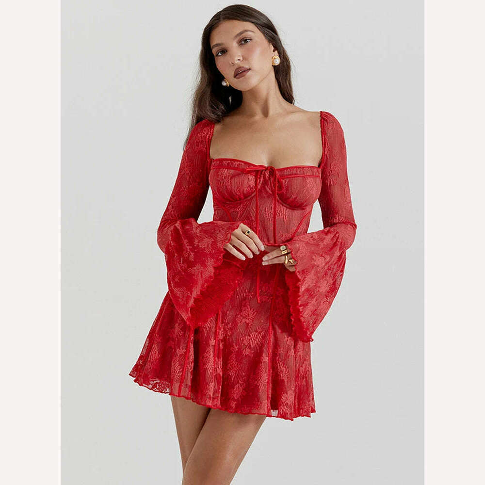 Articat Temperament Christmas Red Long Sleeved Dress Women Lace Patchwork Ruffled Edge Mini Dress Female Bodycon Party Evening Cozy A-Line Mini Dress