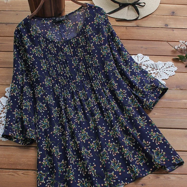 Floral Oversized Women's Shirt With Printed Pleated O-neck-- Welt Pockets Slit Pockets