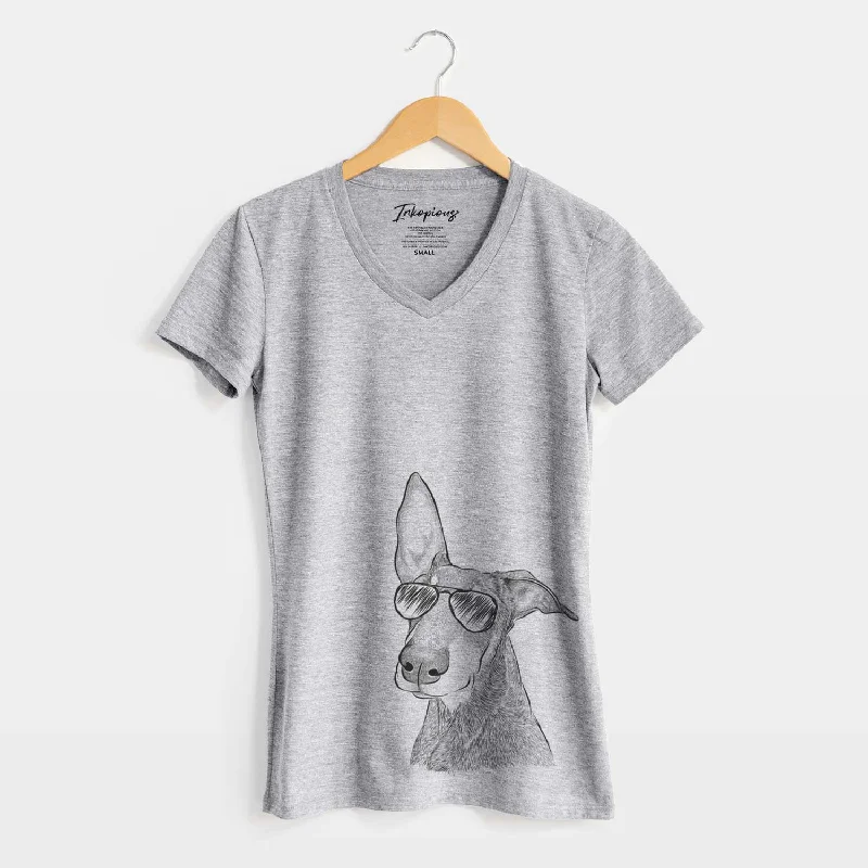 Aviator Kain the Doberman Pinscher - Women's V-neck Shirt-- Mesh Blend Leather Blend Suede Blend