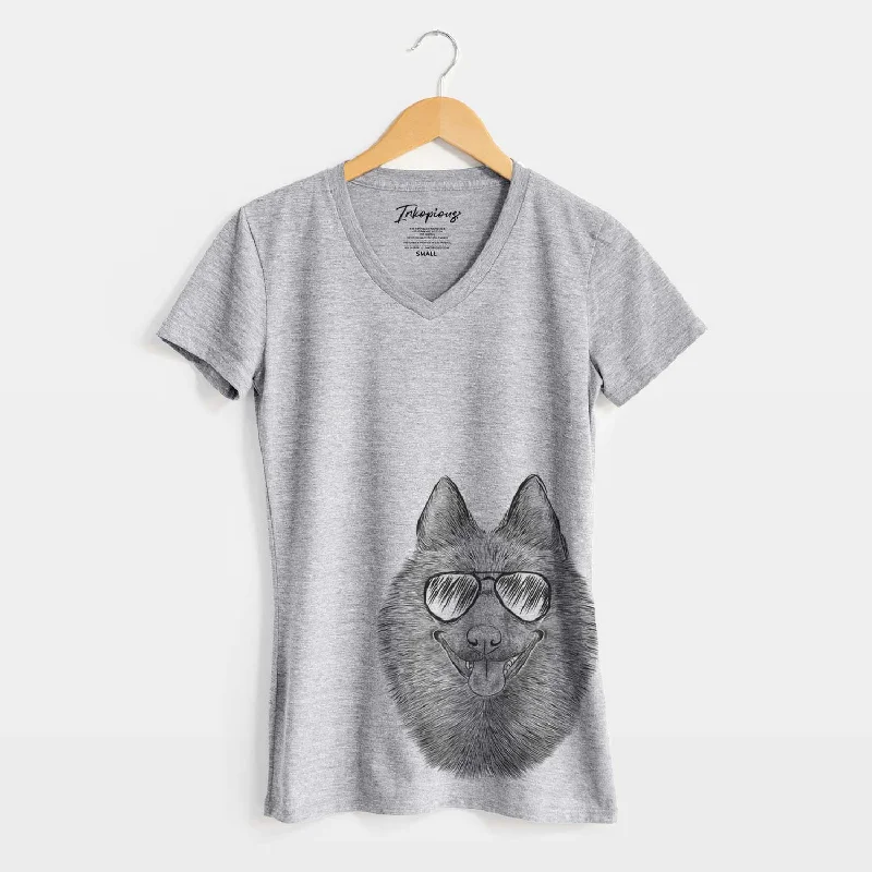 Aviator Sander the Schipperke - Women's V-neck Shirt-- Mesh Canvas Denim