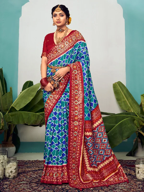 Women's Tussar Silk Blue Printed Designer Saree With Blouse Piece Sheer Sleeve Blouse