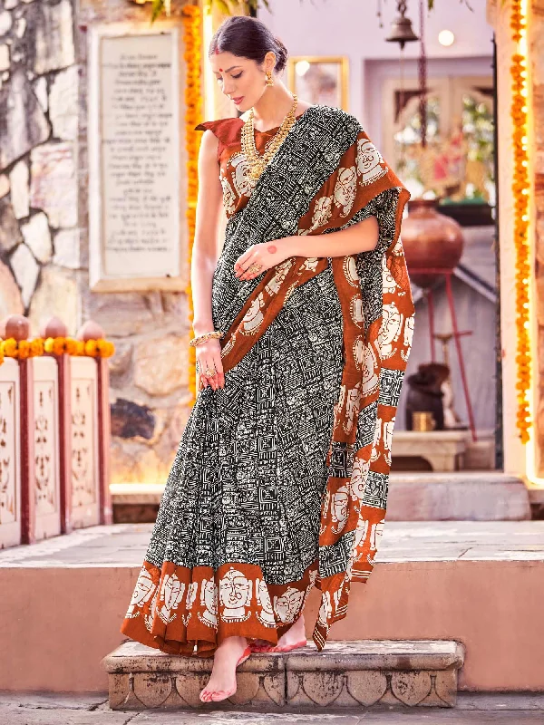 Women's Bhagalpuri Silk Black Printed Designer Saree With Blouse Piece Frilled Cuff Blouse