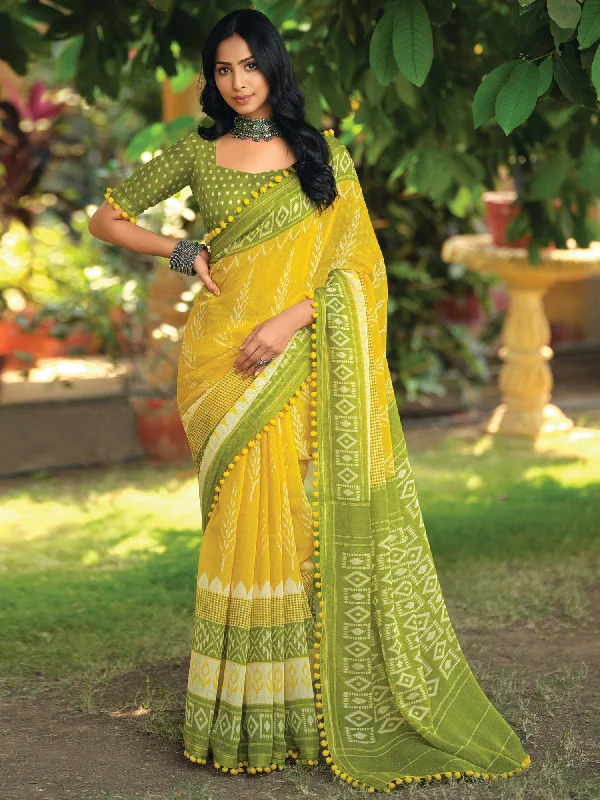 Women's Cotton Blend Yellow Printed Designer Saree With Blouse Piece Ruffled Neck Blouse