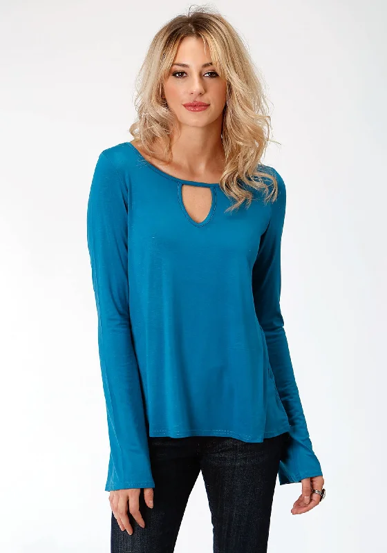 Stetson Womens Turquoise Rayon Blend V-Neck L/S T-Shirt-- Faux Fur Fabric Real Fur Fabric Shearling Fabric