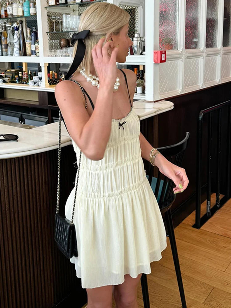 Advbridge Bow Slip Pleated Short Dress Women Sleeveless Backless Ruffles A-line Female Mini Dress 2024 Summer Backless Lady Club Partywear Casual High-Waist Mini Dress