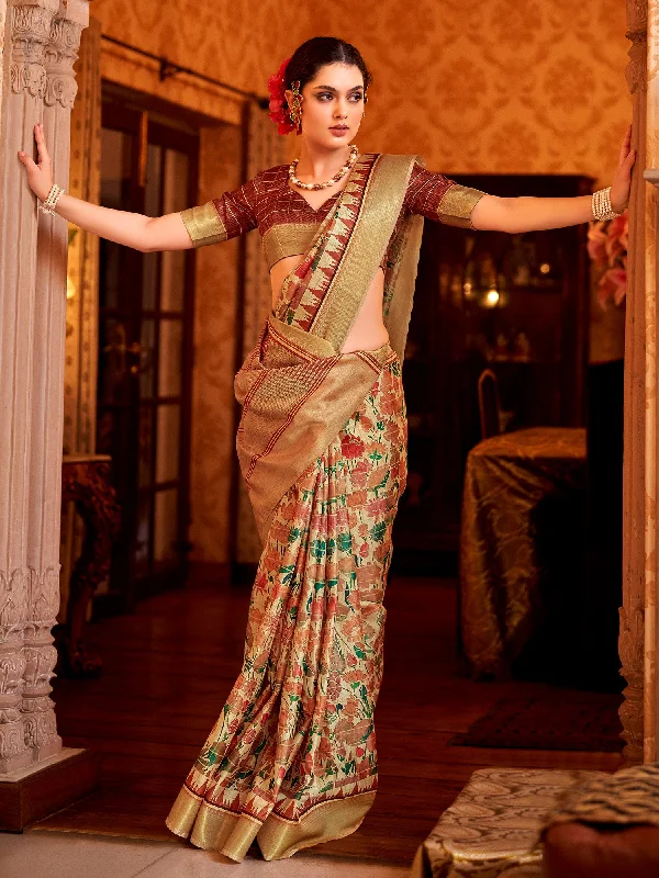 Women's Manipuri Silk Beige Printed Designer Saree With Blouse Piece Embellished Collar Blouse