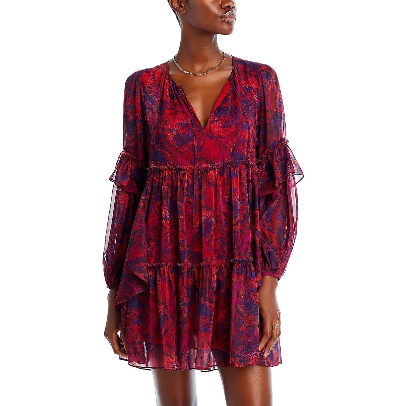Livie Womens Chiffon Ruffled Mini Dress Trendy Lace Mini Dress