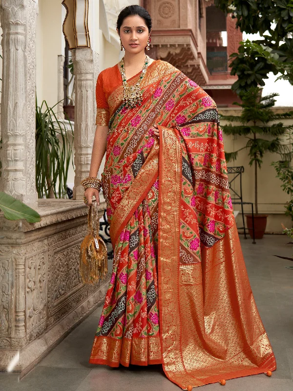 Women's Tussar Silk Orange Printed Designer Saree With Blouse Piece Embellished Collar Blouse