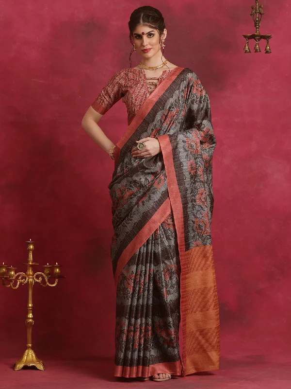 Women's Cotton Blend Grey Printed Designer Saree With Blouse Piece Elegant Semi-Sheer Blouse