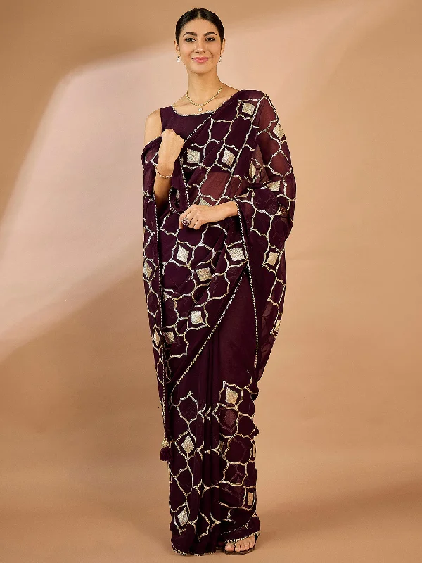 Women's Georgette Purple Embellished Designer Saree With Blouse Piece Peter Pan Blouse