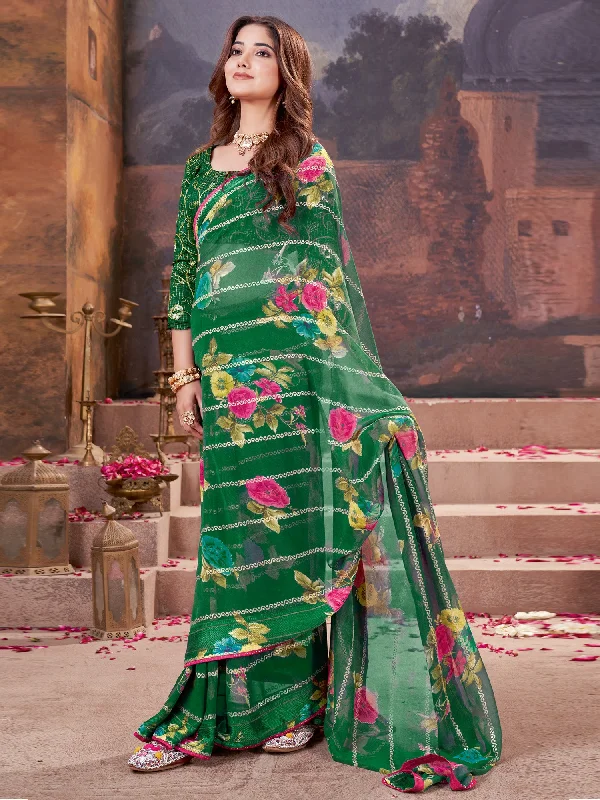 Women's Georgette Green Embellished Designer Saree With Blouse Piece Vintage Lace Blouse
