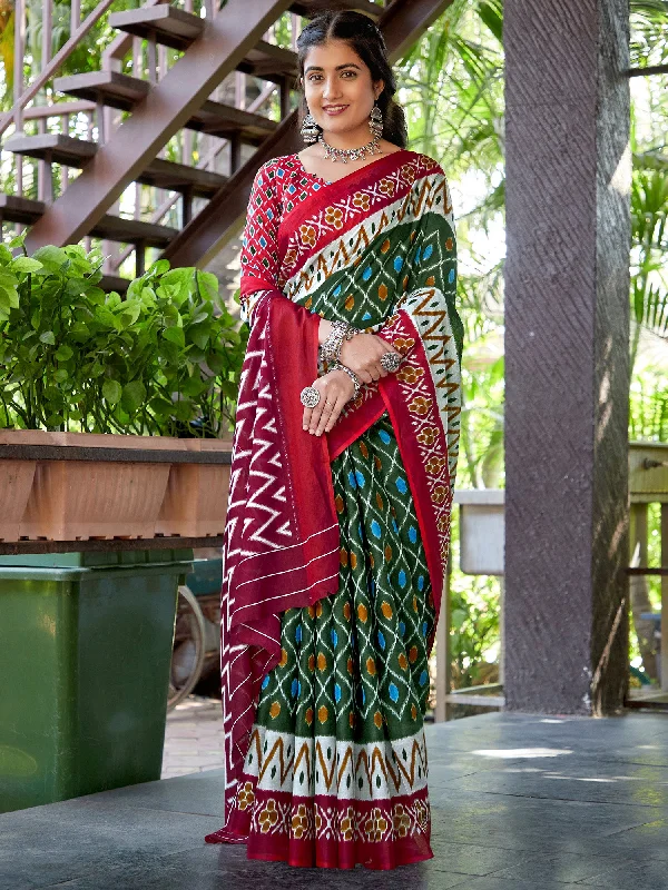 Women's Cotton Green Printed Designer Saree With Blouse Piece Casual Relaxed Blouse