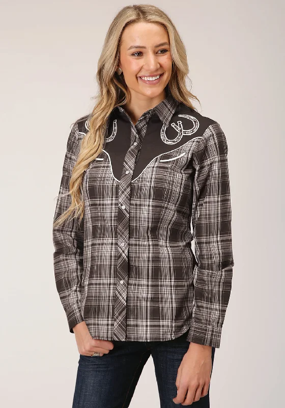Roper Womens Chocolate/Cream Cotton Blend Fancy Plaid L/S Shirt-- Mesh Fabric Canvas Fabric Denim Fabric