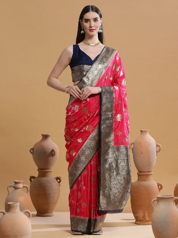 Women's Silk Blend Pink Woven Design Designer Saree With Blouse Piece Double Button Blouse
