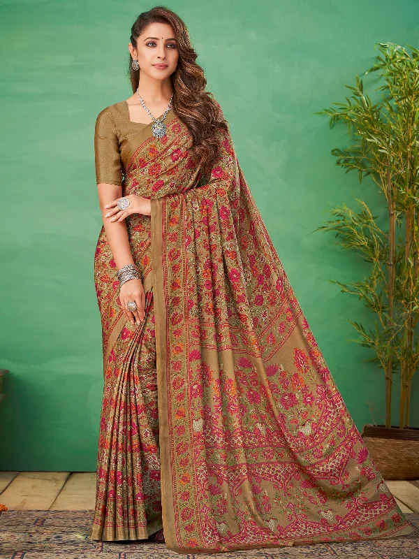 Women's Crepe Beige Printed Designer Saree With Blouse Piece Side Tie Blouse