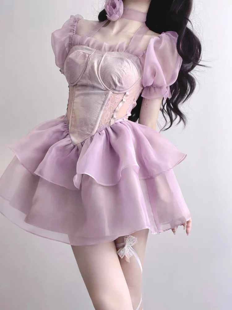 Advbridge Bubble Sleeve Korea Designer Dress Women Patchwork Vintage Sweet Party Mini Dress Female Purple Chiffon Kawaii Causal Dress 2024 Trendy Off-Shoulder Dress Mini