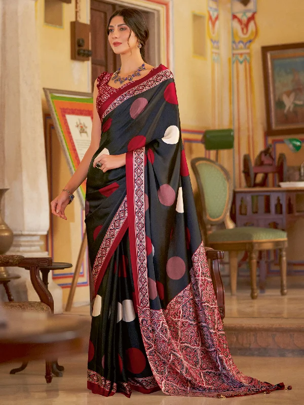 Women's Crepe Black Printed Designer Saree With Blouse Piece Asymmetric Hem Blouse