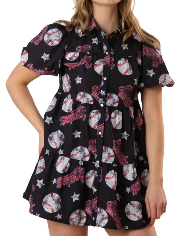 Baseball All Over Print Mini Dress In Black Cozy Jersey Mini Dress